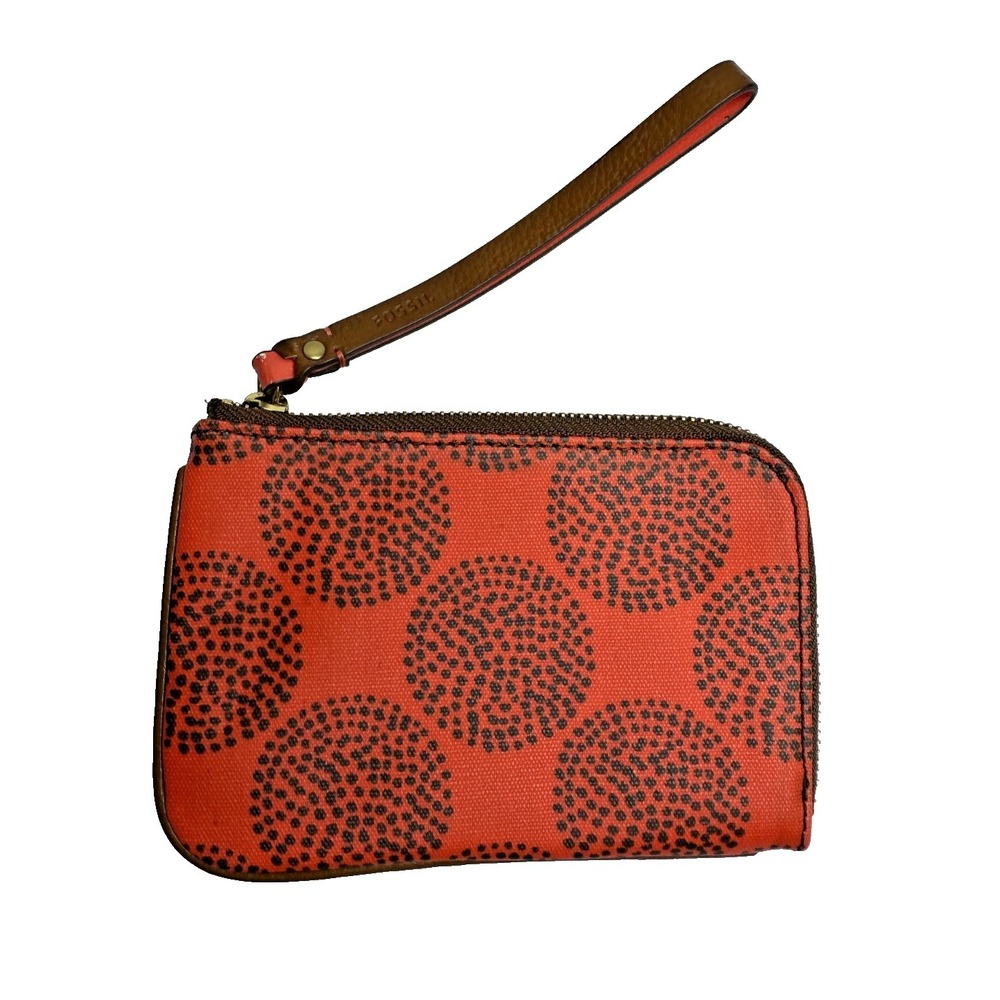 Fossil Zip Around Wristlet Wallet Purse Orange Circle Dots
